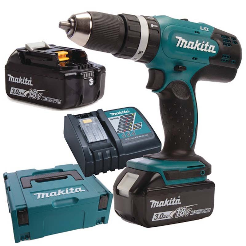 Makita Cordless Hammer Drill 13mm 2 Speed 18V (2 x 3.0Ah Battery & Charger) DHP453RFE