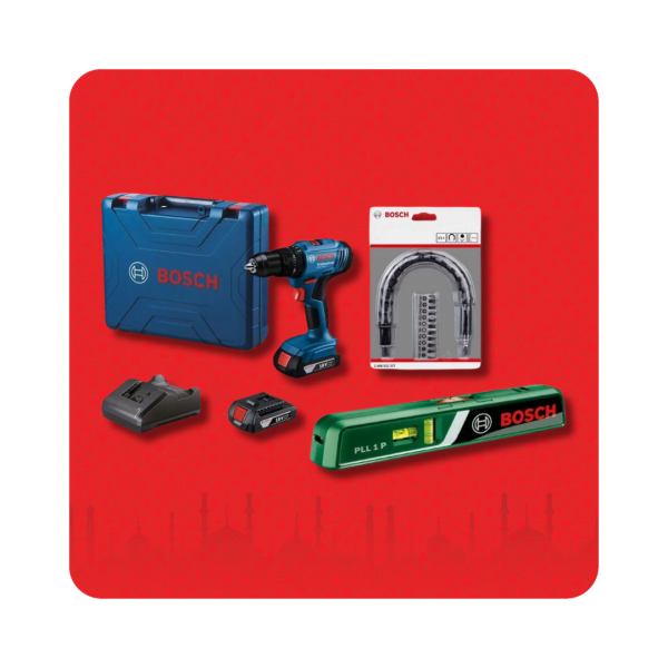 Bosch GSB 183-LI Combi Drill 1x2.0Ah + GAL 18V-20charger + PLL 1 P LASER LEVEL  + 11pc flex. extension Screwbit