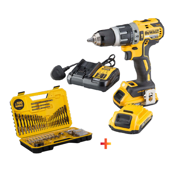 Dewalt Cordless Hammer Drill 18V 1.5Ah Brushless With 2 Battery & Charger + 100pcs Bit Set DCD778S2BIT-GB
