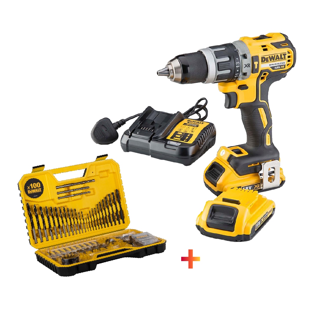 Dewalt Cordless Hammer Drill 18V 1.5Ah Brushless With 2 Battery & Charger + 100pcs Bit Set DCD778S2BIT-GB