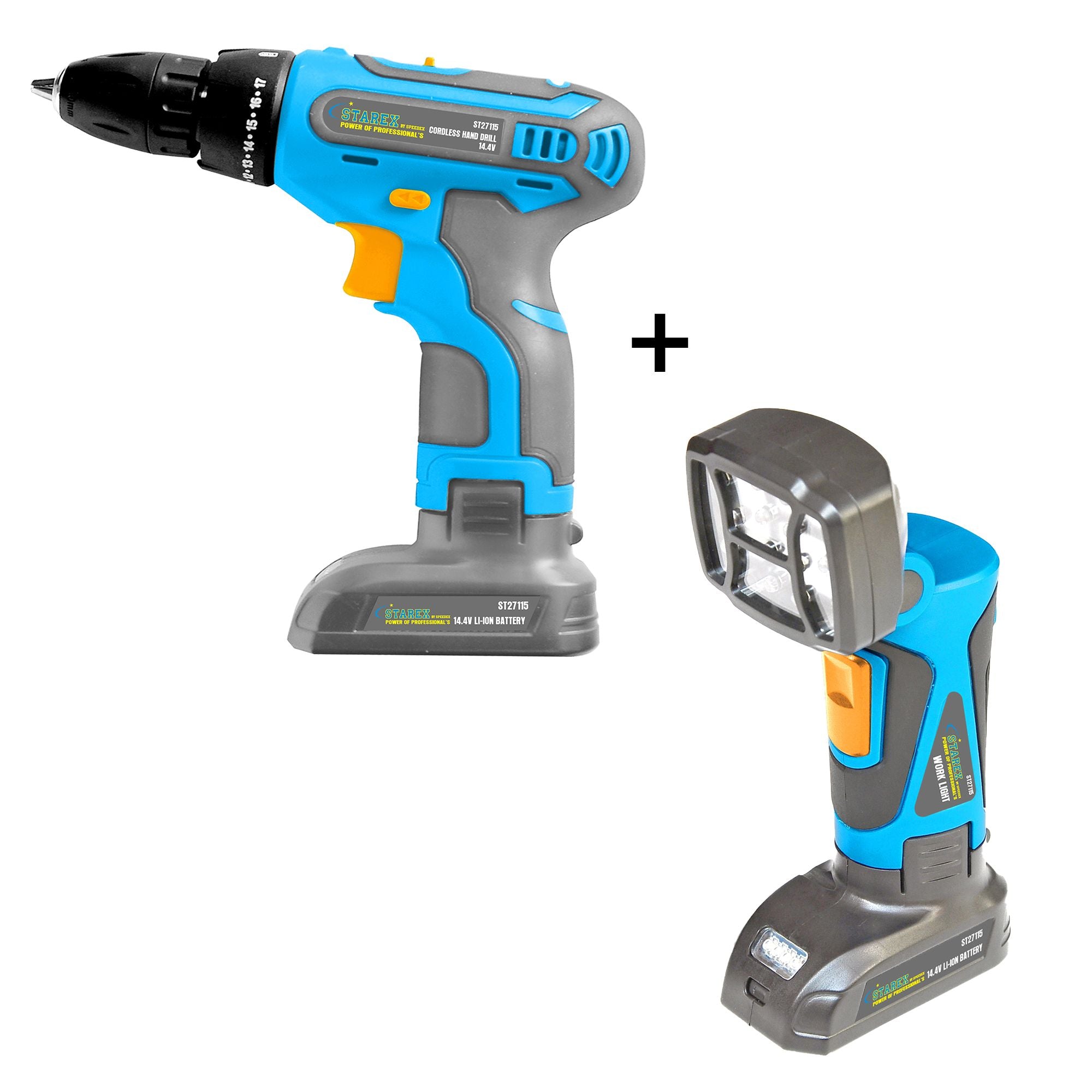 Starex ST27115 14.4V+14 LED Work Light Set Cordless Drill with Extra Li-ion Battery in Blow Case, Blue/Grey