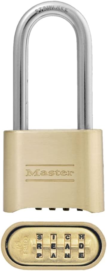 Master Lock Brass Combination Lock, Gate Lock for Outdoor Fence or Shed, Customizable Combination Padlock with Extended 2-1/4-Inch-Long Shackle, 175DLH