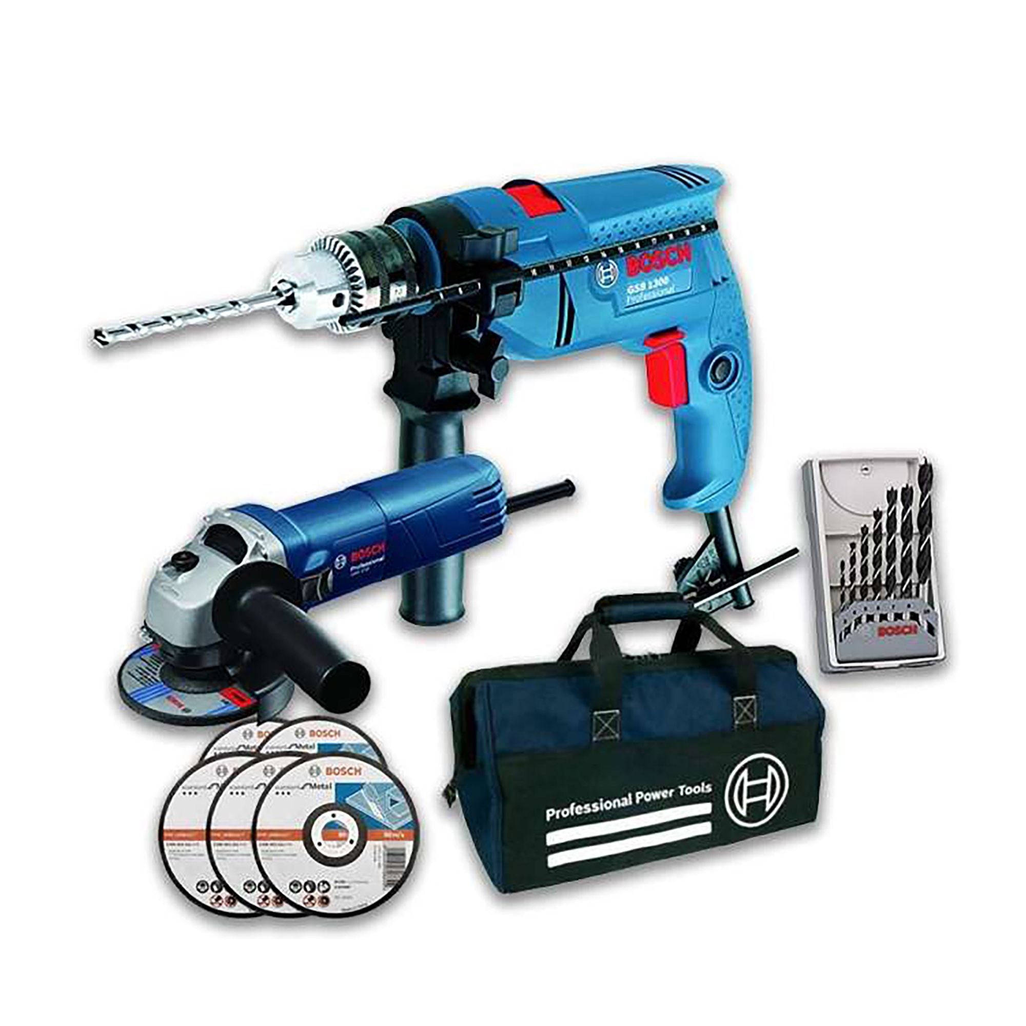 Bosch Drill 13mm 550W GSB 1300 + Angle Grinder 115mm GWS 6700 + Drill Bit Set + Disc + Tool Bag With