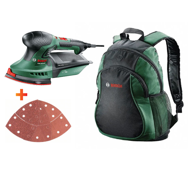 Bosch Orbital Sander PSM 200 06033B6070 Combo Kit with Velcro Set 2609256A67 and Sport Bag 1619G45200