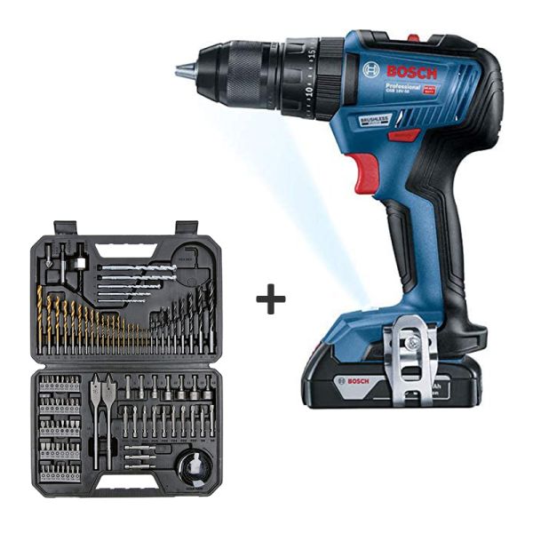 Bosch Cordless Impact Drill Lithium Ion 18V (2 x 2Ah) Brushless GSB 18V-50 + 103pcs Acc Set 06019H51L0 (P)