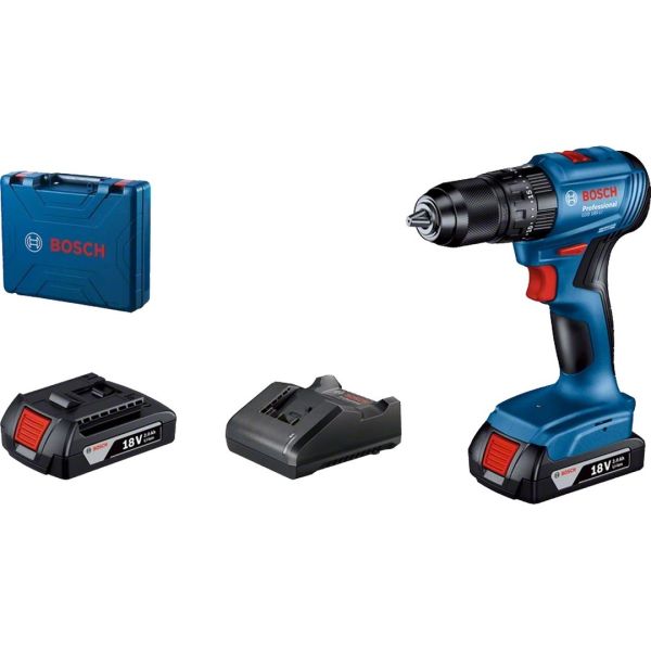 Bosch Cordless Impact Drill Lithium Ion 18V (2 x 2Ah) Brushless GSB 185-LI + 103pcs Acc Set 06019K31L0