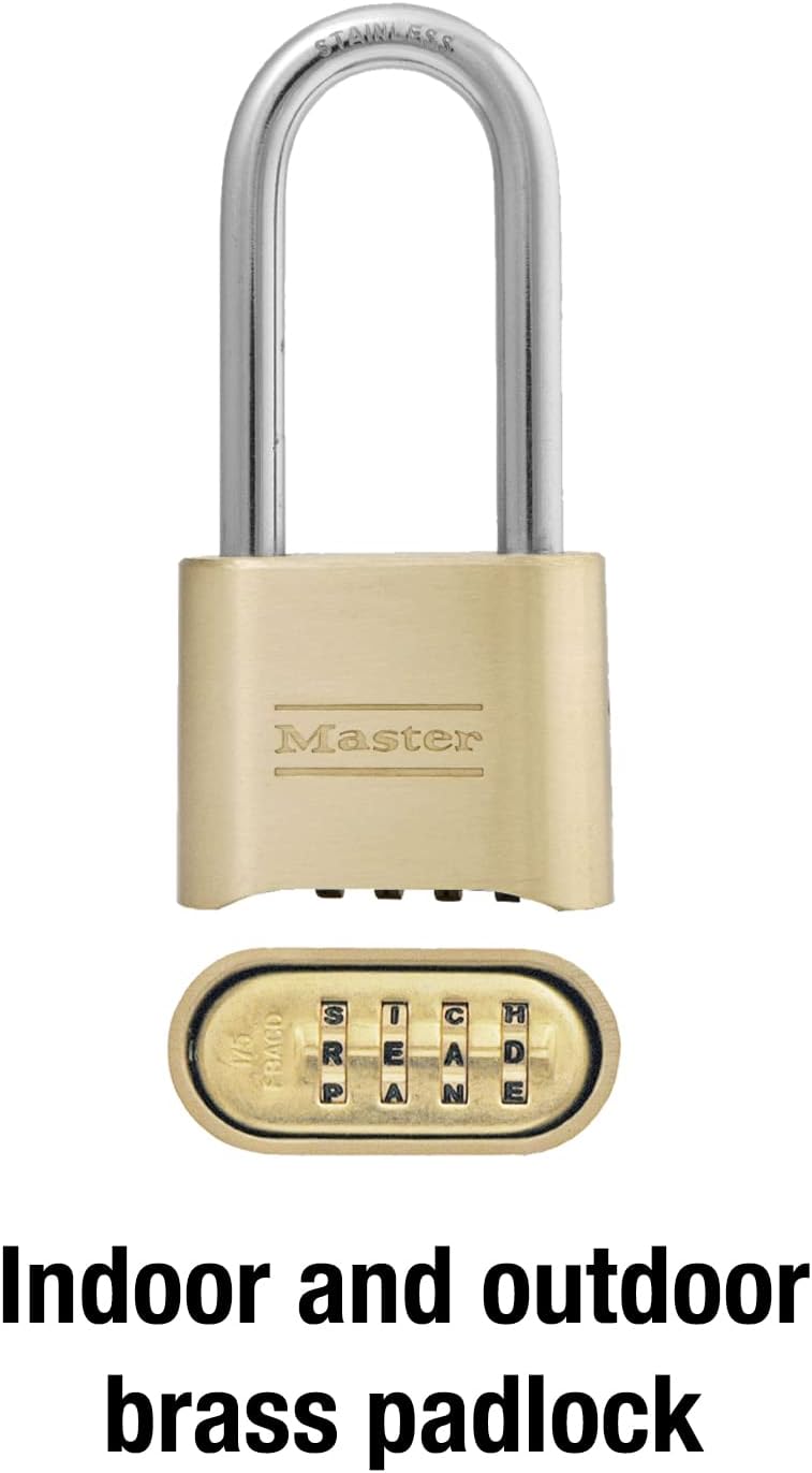Master Lock Brass Combination Lock, Gate Lock for Outdoor Fence or Shed, Customizable Combination Padlock with Extended 2-1/4-Inch-Long Shackle, 175DLH