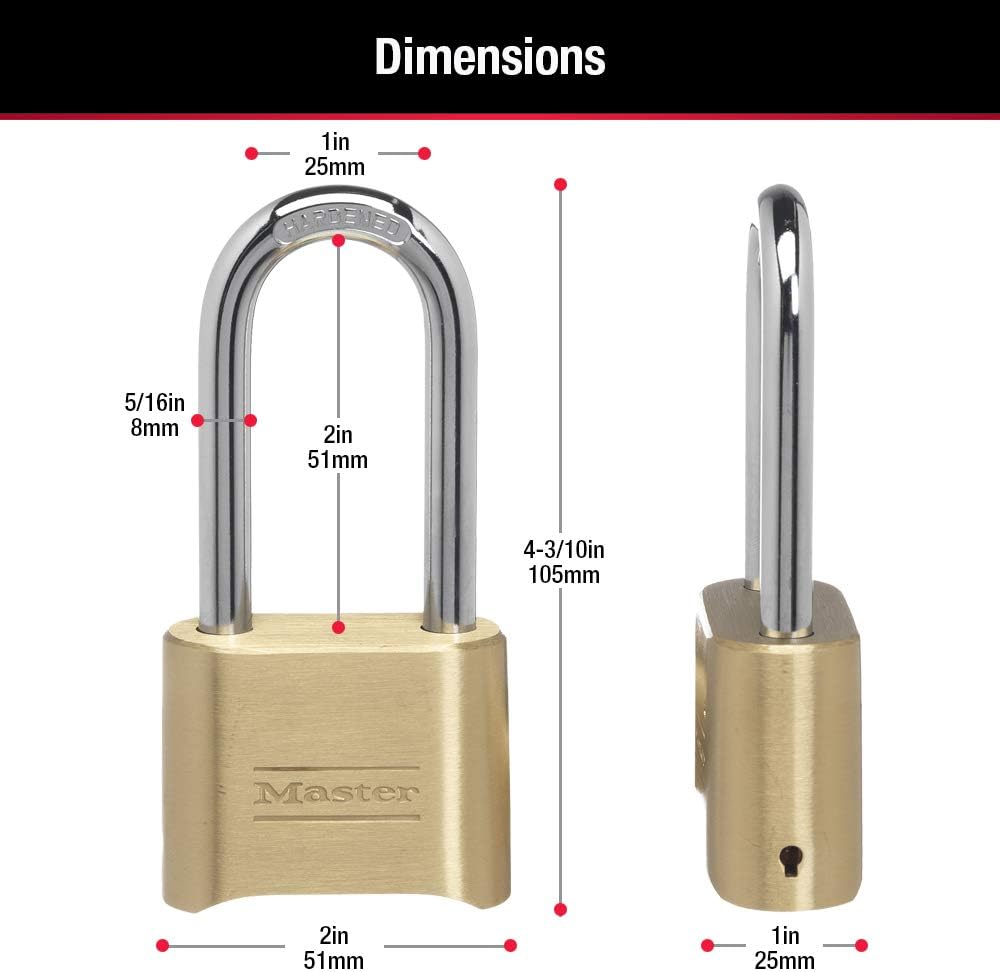 Master Lock Brass Combination Lock, Gate Lock for Outdoor Fence or Shed, Customizable Combination Padlock with Extended 2-1/4-Inch-Long Shackle, 175DLH