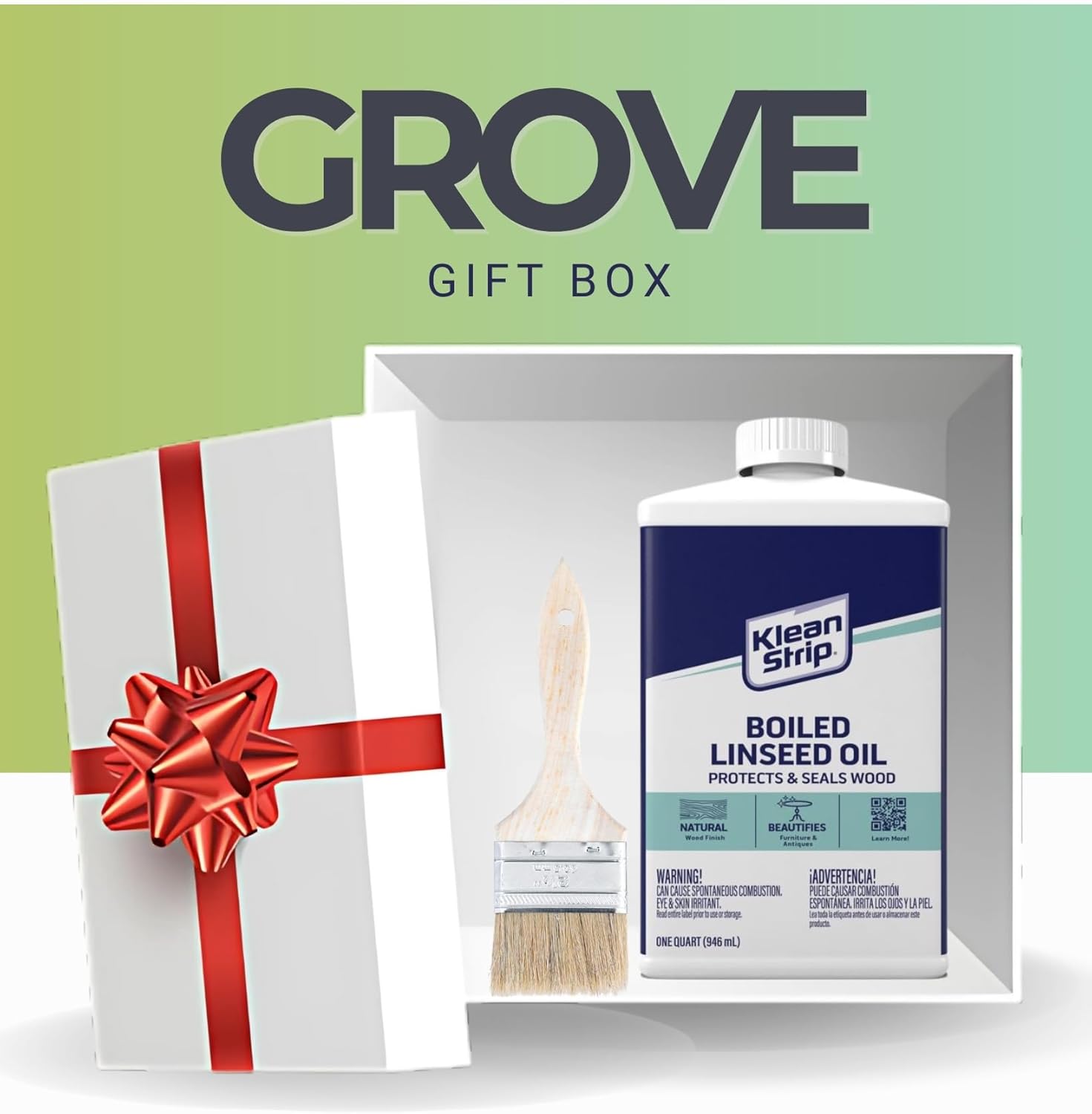 زيت بذر الكتان المغلي من كلين ستريب مع فرشاة طلاء - مخفف للدهانات الزيتية - زيت بذر الكتان للخشب والطلاء - يزيد من مقاومة الماء والخدش والالتواء - زيت الخشب للأثاث 