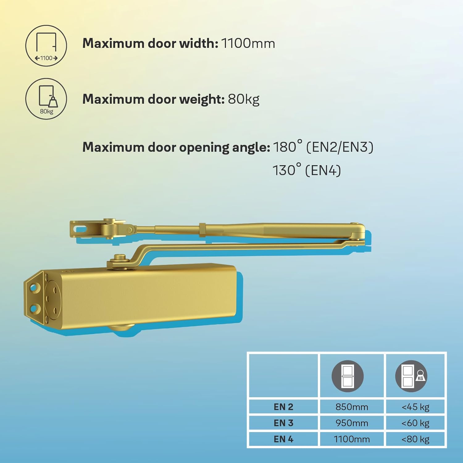 Yale 722 Pro Door Closer For up to 1100mm width and 80Kg door weight, 500,000 cycles tested, Adjustable Latching Speed, Fire rated, Silver