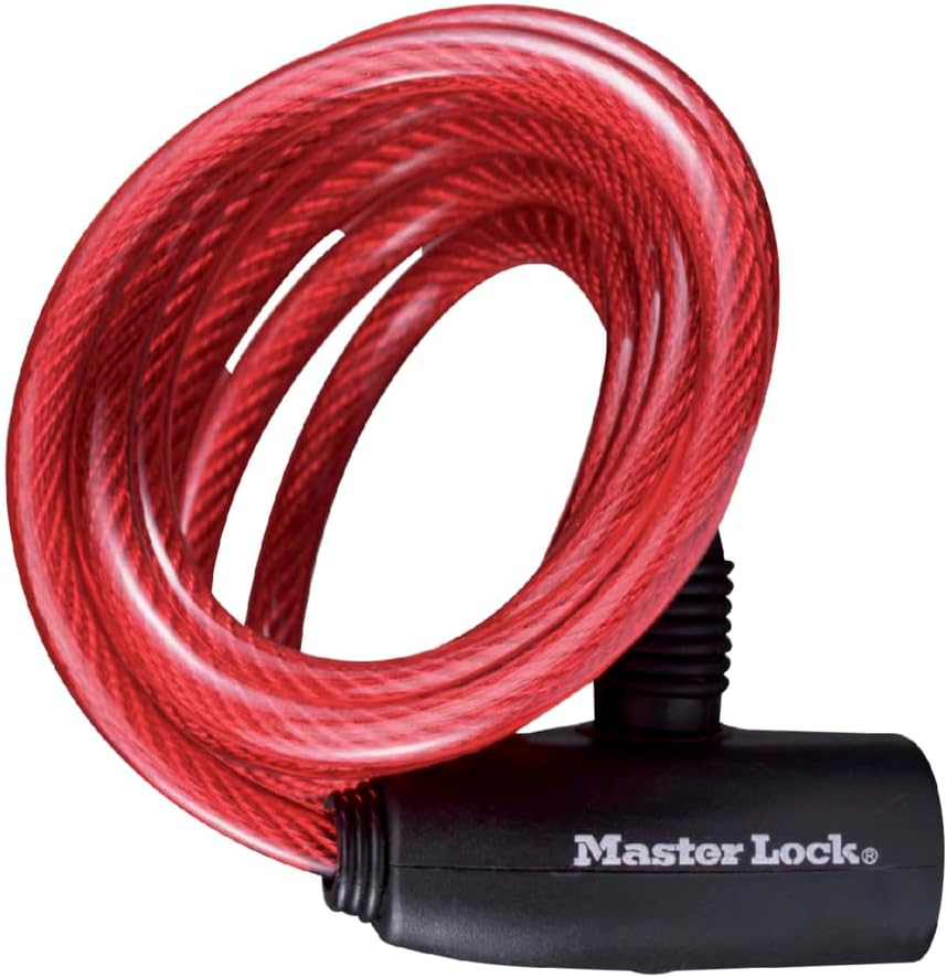 MASTER LOCK Bike Lock Cable [Key] [1.8 m Coiling Cable] [Outdoor] [Set of 3] [Blue, Red and Transparent] 8127EURTRI - Ideal for Bike, Skateboards, Strollers, Lawnmowers and Other Outdoor Equipment