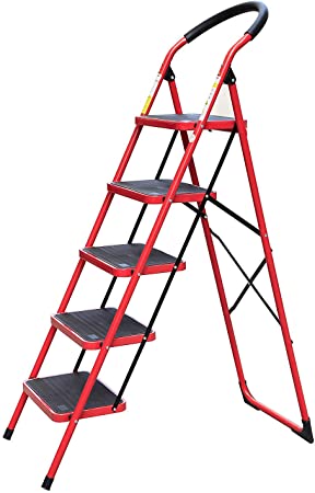 5 Step House Steel Ladder Multi-function Staircase Red Color With Wide Pedal Step Stool