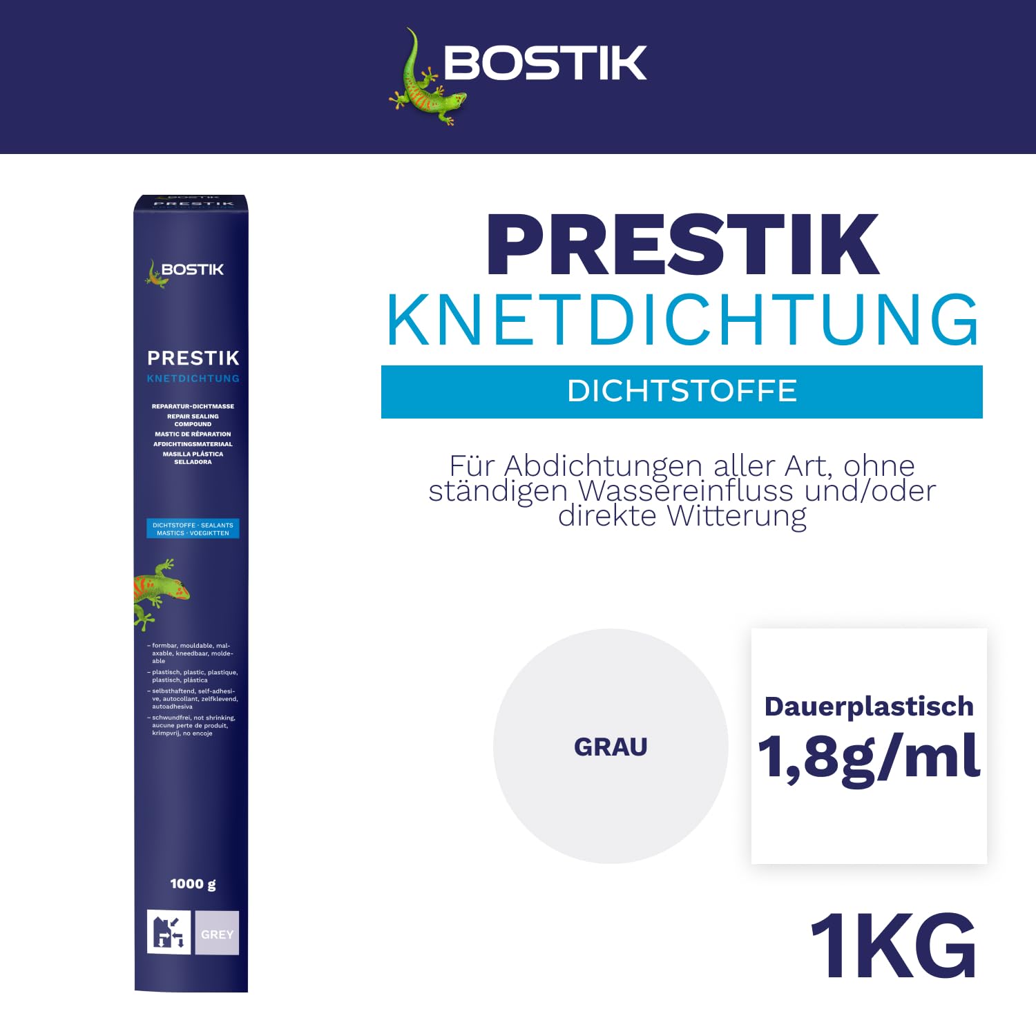 BOSTIK Prestik Kneading Seal, Grey, Permanent Plastic Kneading Sealant, Solvent-Free, Shrink-Free, Excellent Ageing Resistance, for Indoor and Outdoor Use, 1 kg