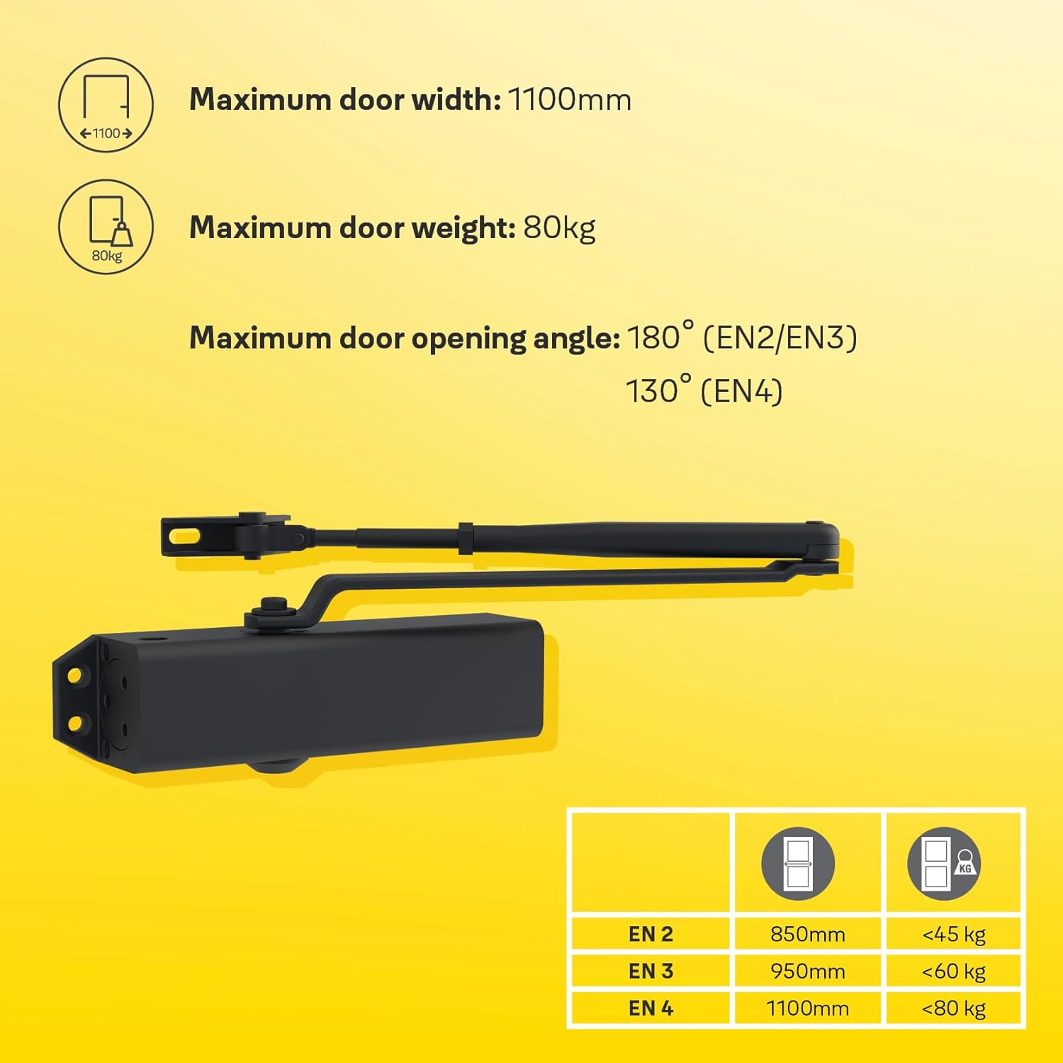 Yale 722 Pro Door Closer For up to 1100mm width and 80Kg door weight, 500,000 cycles tested, Adjustable Latching Speed, Fire rated, Silver