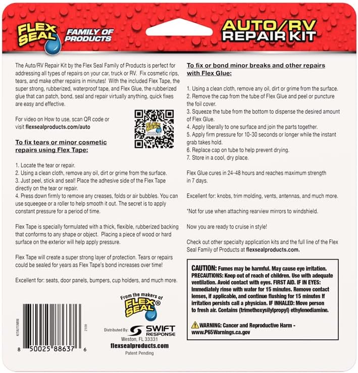 Flex Seal Auto/RV Repair Kit, Super Strong, Waterproof, Rubberized, UV Resistant, Car, Truck, Motorcycle, Seal and Patch, Bond and Repair, Quick Fix for Rips and Tears