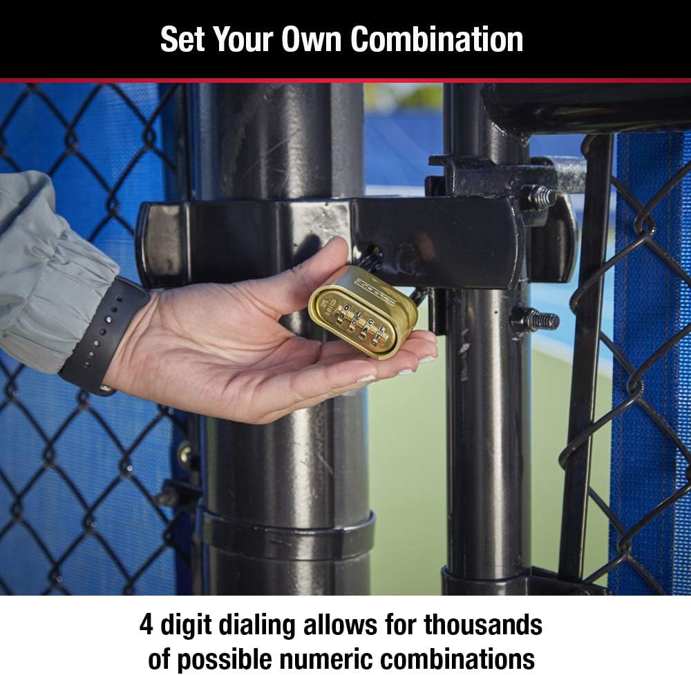 Master Lock Brass Combination Lock, Gate Lock for Outdoor Fence or Shed, Customizable Combination Padlock with Extended 2-1/4-Inch-Long Shackle, 175DLH