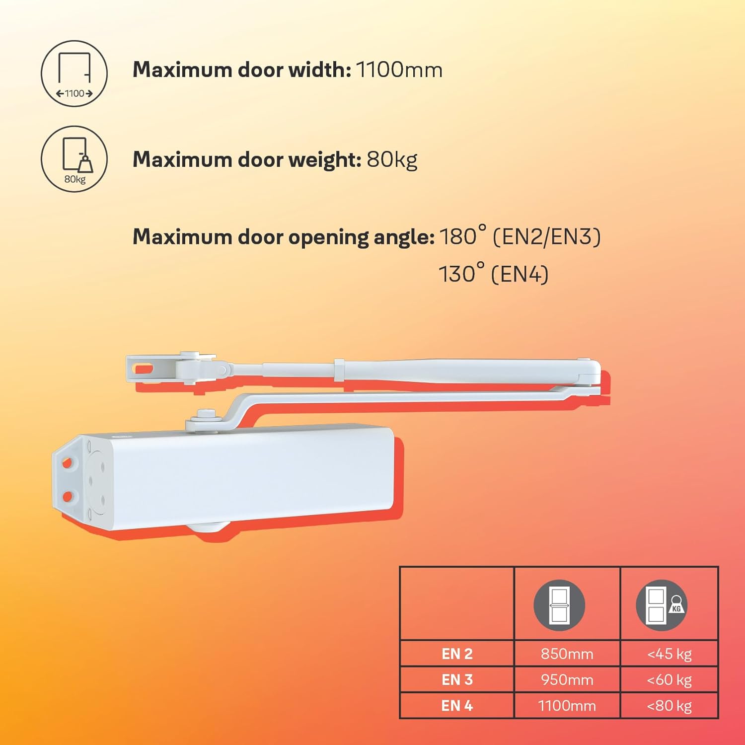 Yale 722 Pro Door Closer For up to 1100mm width and 80Kg door weight, 500,000 cycles tested, Adjustable Latching Speed, Fire rated, Silver
