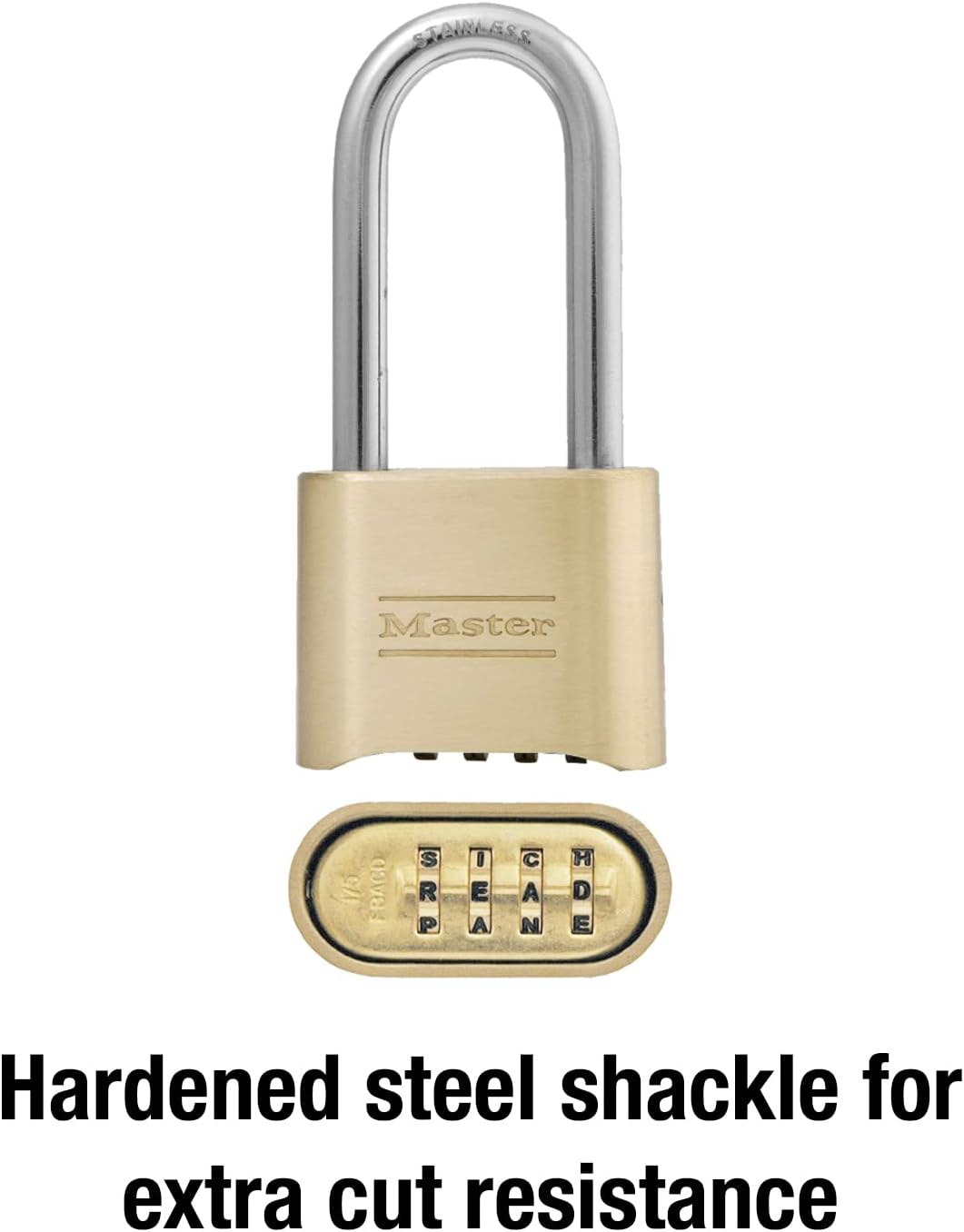 Master Lock Brass Combination Lock, Gate Lock for Outdoor Fence or Shed, Customizable Combination Padlock with Extended 2-1/4-Inch-Long Shackle, 175DLH