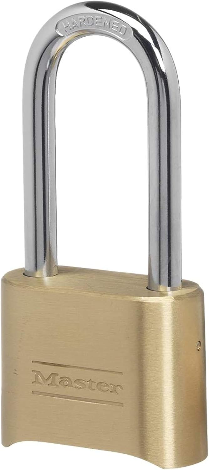 Master Lock Brass Combination Lock, Gate Lock for Outdoor Fence or Shed, Customizable Combination Padlock with Extended 2-1/4-Inch-Long Shackle, 175DLH