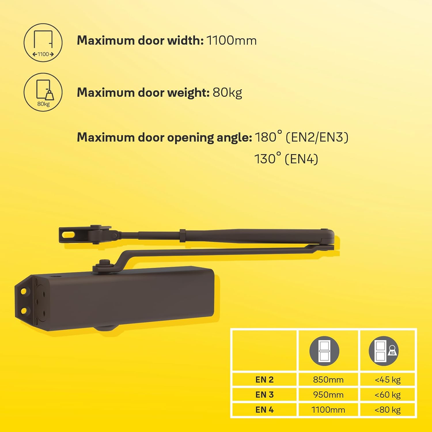 Yale 722 Pro Door Closer For up to 1100mm width and 80Kg door weight, 500,000 cycles tested, Adjustable Latching Speed, Fire rated, Silver