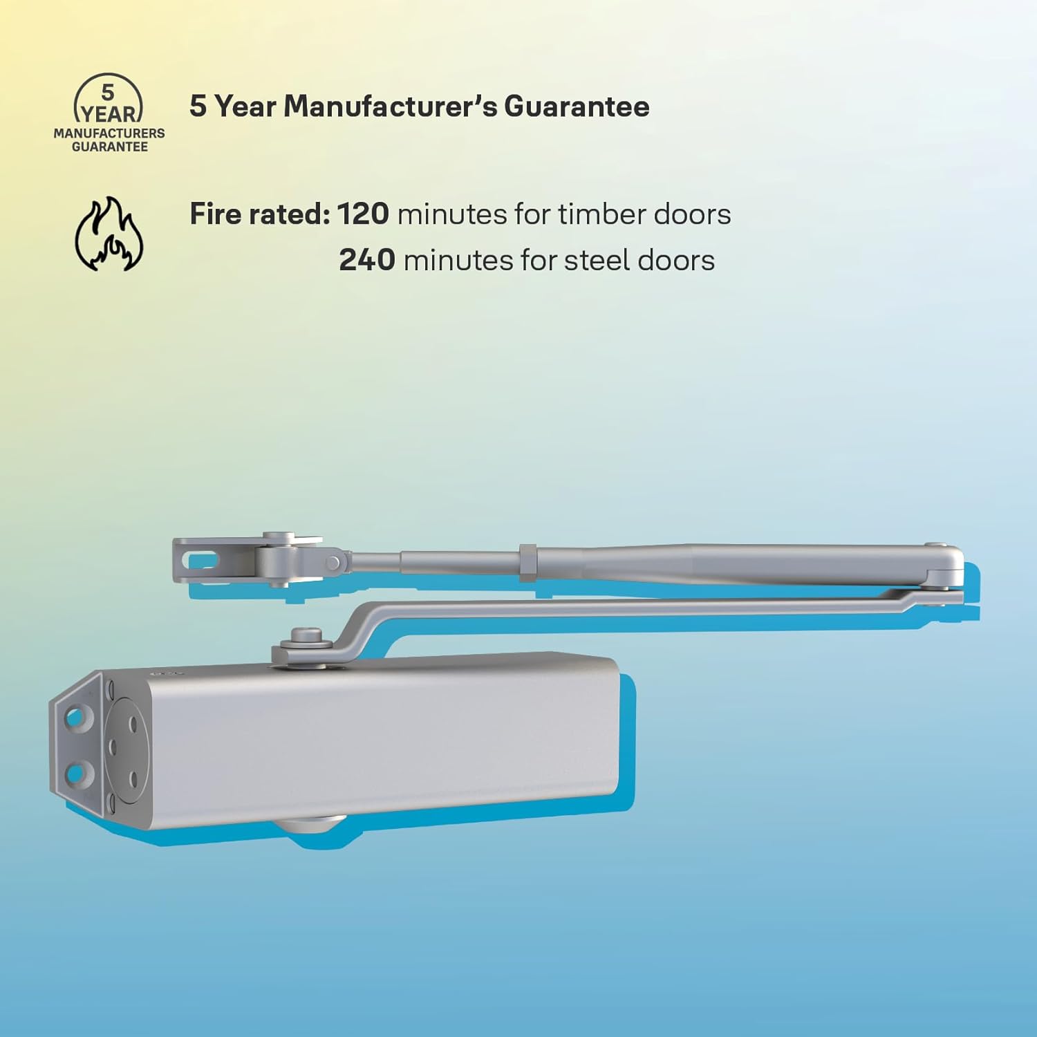 Yale 722 Pro Door Closer For up to 1100mm width and 80Kg door weight, 500,000 cycles tested, Adjustable Latching Speed, Fire rated, Silver