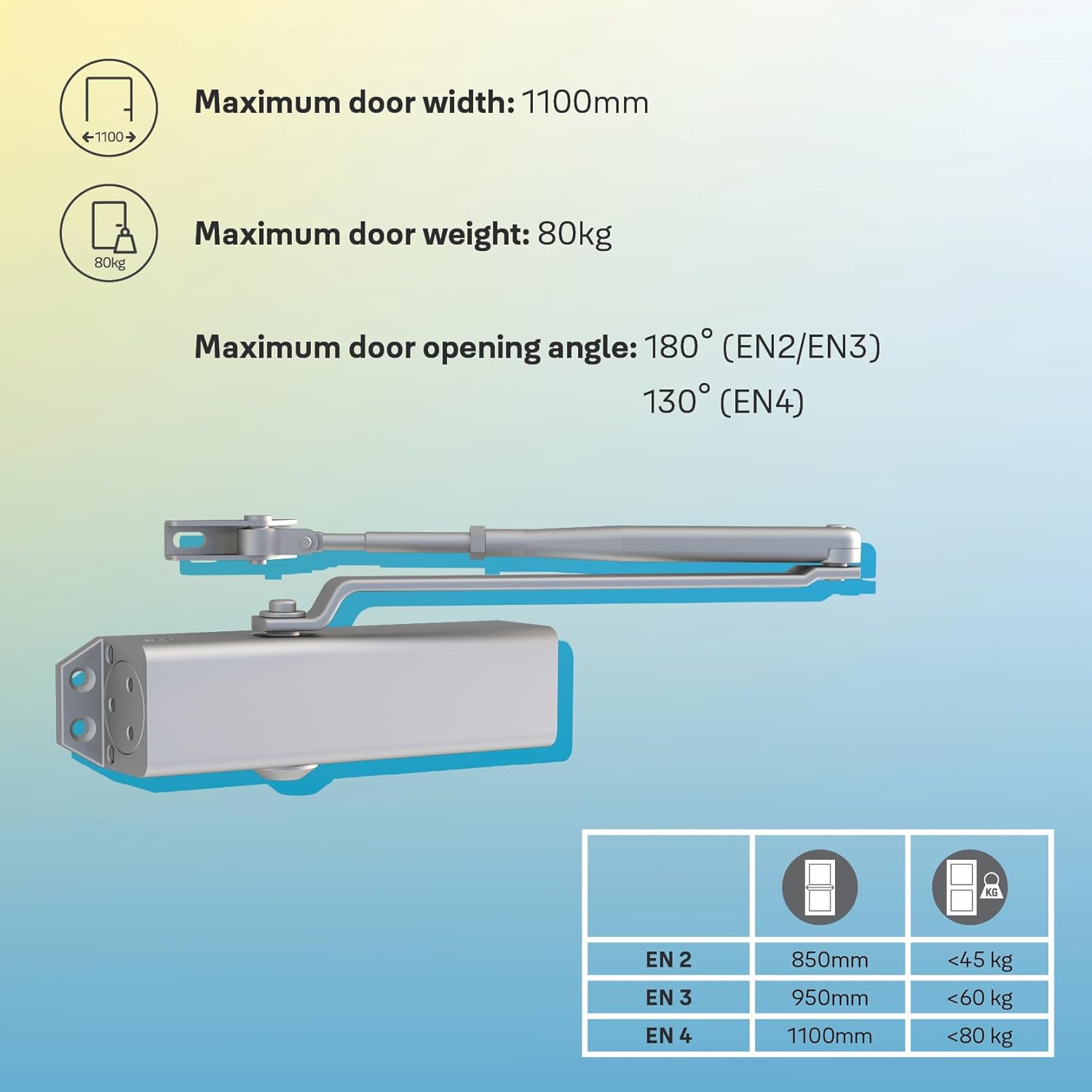 Yale 722 Pro Door Closer For up to 1100mm width and 80Kg door weight, 500,000 cycles tested, Adjustable Latching Speed, Fire rated, Silver
