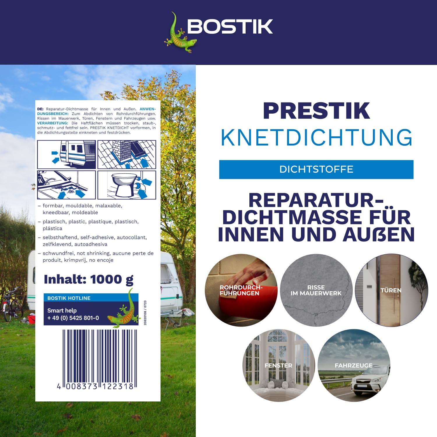 BOSTIK Prestik Kneading Seal, Grey, Permanent Plastic Kneading Sealant, Solvent-Free, Shrink-Free, Excellent Ageing Resistance, for Indoor and Outdoor Use, 1 kg