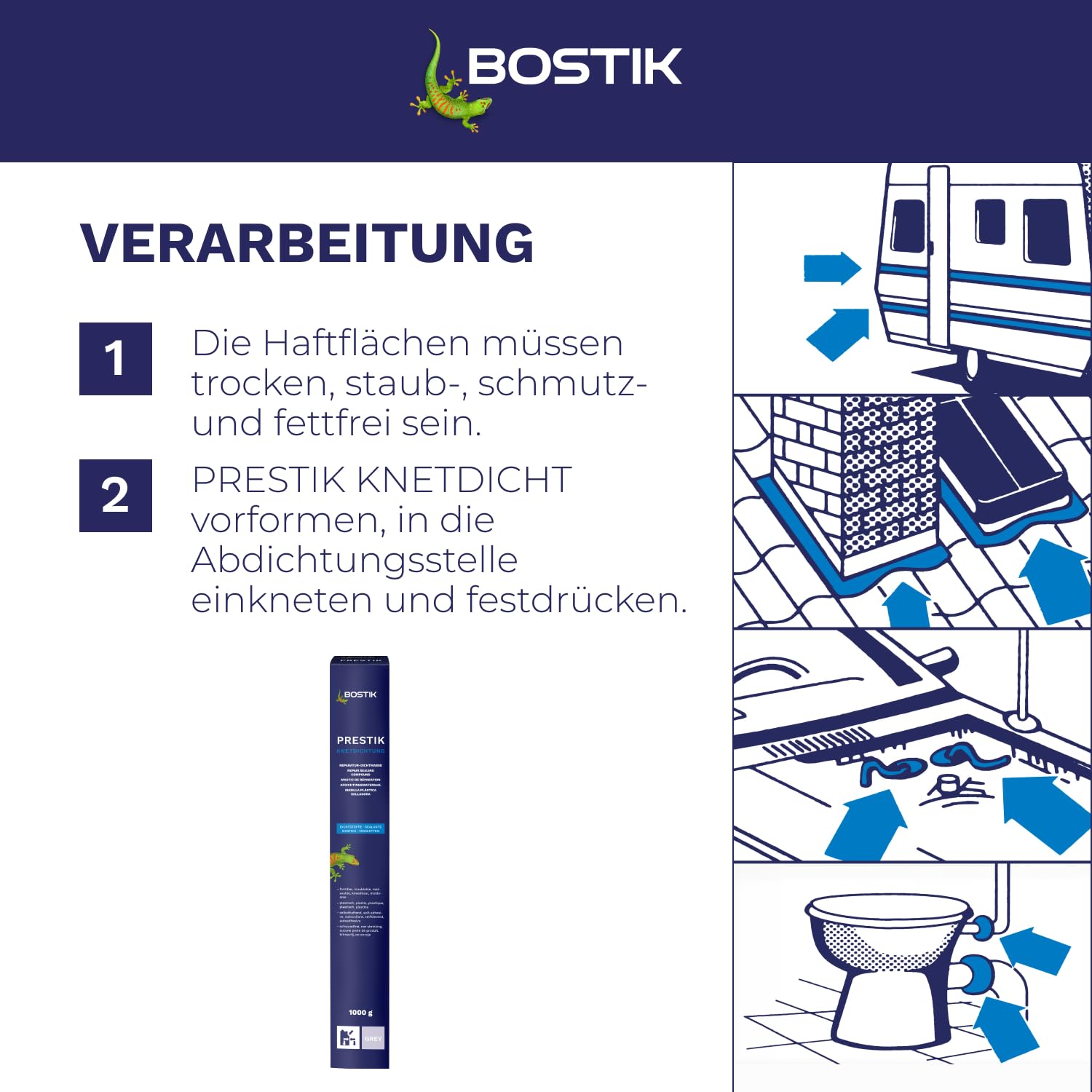 BOSTIK Prestik Kneading Seal, Grey, Permanent Plastic Kneading Sealant, Solvent-Free, Shrink-Free, Excellent Ageing Resistance, for Indoor and Outdoor Use, 1 kg