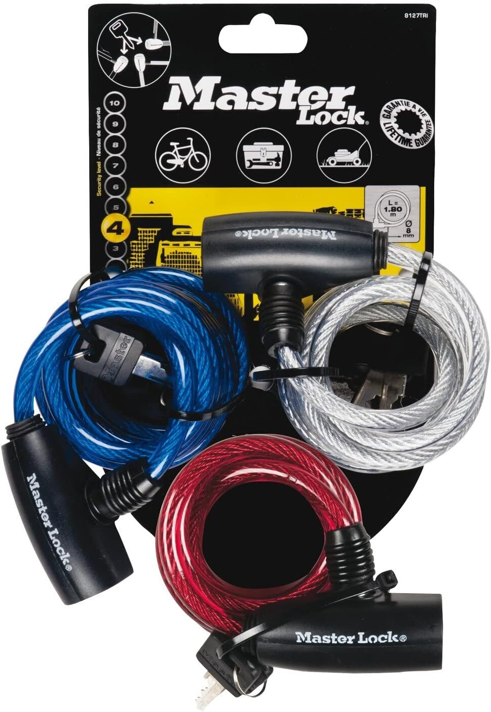 MASTER LOCK Bike Lock Cable [Key] [1.8 m Coiling Cable] [Outdoor] [Set of 3] [Blue, Red and Transparent] 8127EURTRI - Ideal for Bike, Skateboards, Strollers, Lawnmowers and Other Outdoor Equipment