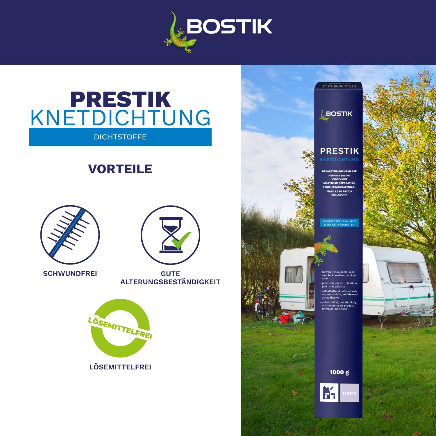BOSTIK Prestik Kneading Seal, Grey, Permanent Plastic Kneading Sealant, Solvent-Free, Shrink-Free, Excellent Ageing Resistance, for Indoor and Outdoor Use, 1 kg