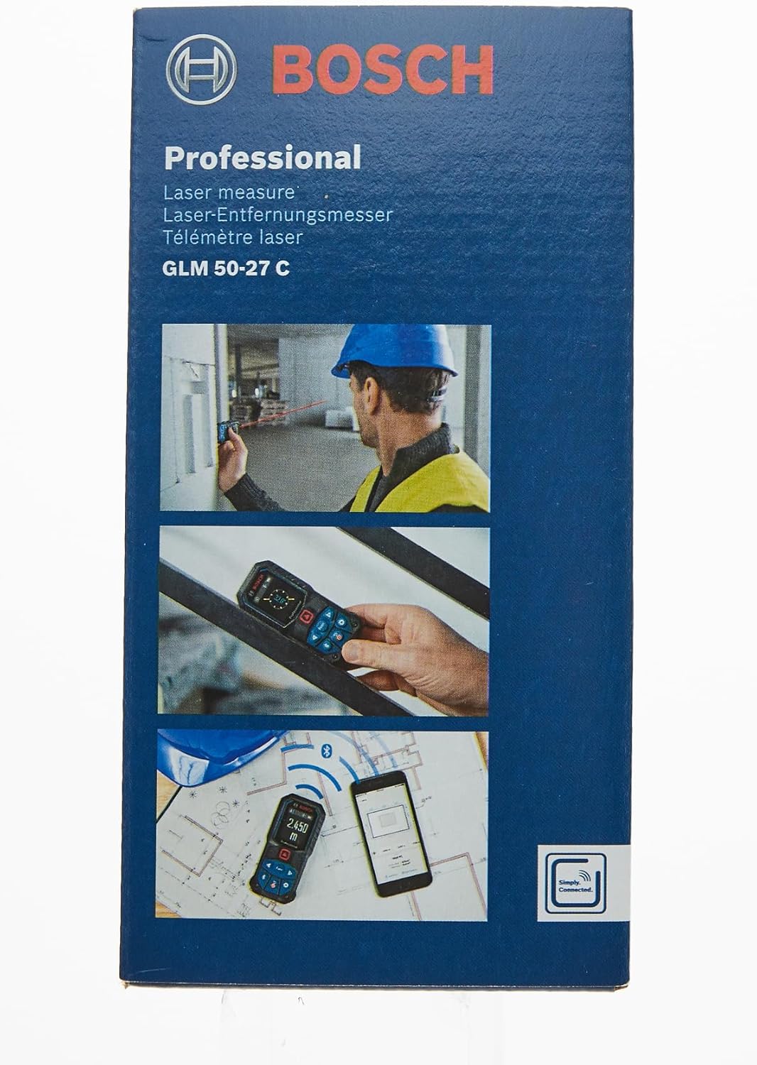 Bosch Professional Laser Measure Glm 50-27 C (Range: Up To 50M, Robust, Ip65, Data Transfer Via Bluetooth, 2X Aa Batteries, Hand Strap, Pouch)
