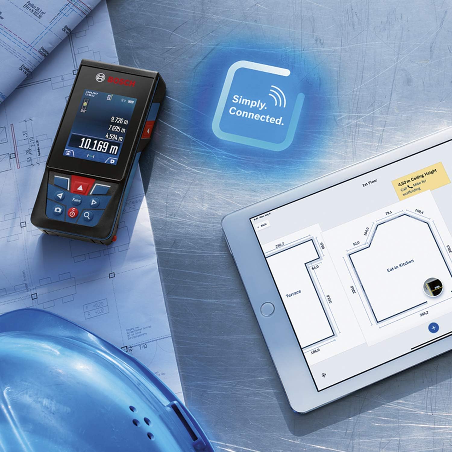 Bosch Professional Laser Measure Glm 50-27 C (Range: Up To 50M, Robust, Ip65, Data Transfer Via Bluetooth, 2X Aa Batteries, Hand Strap, Pouch)