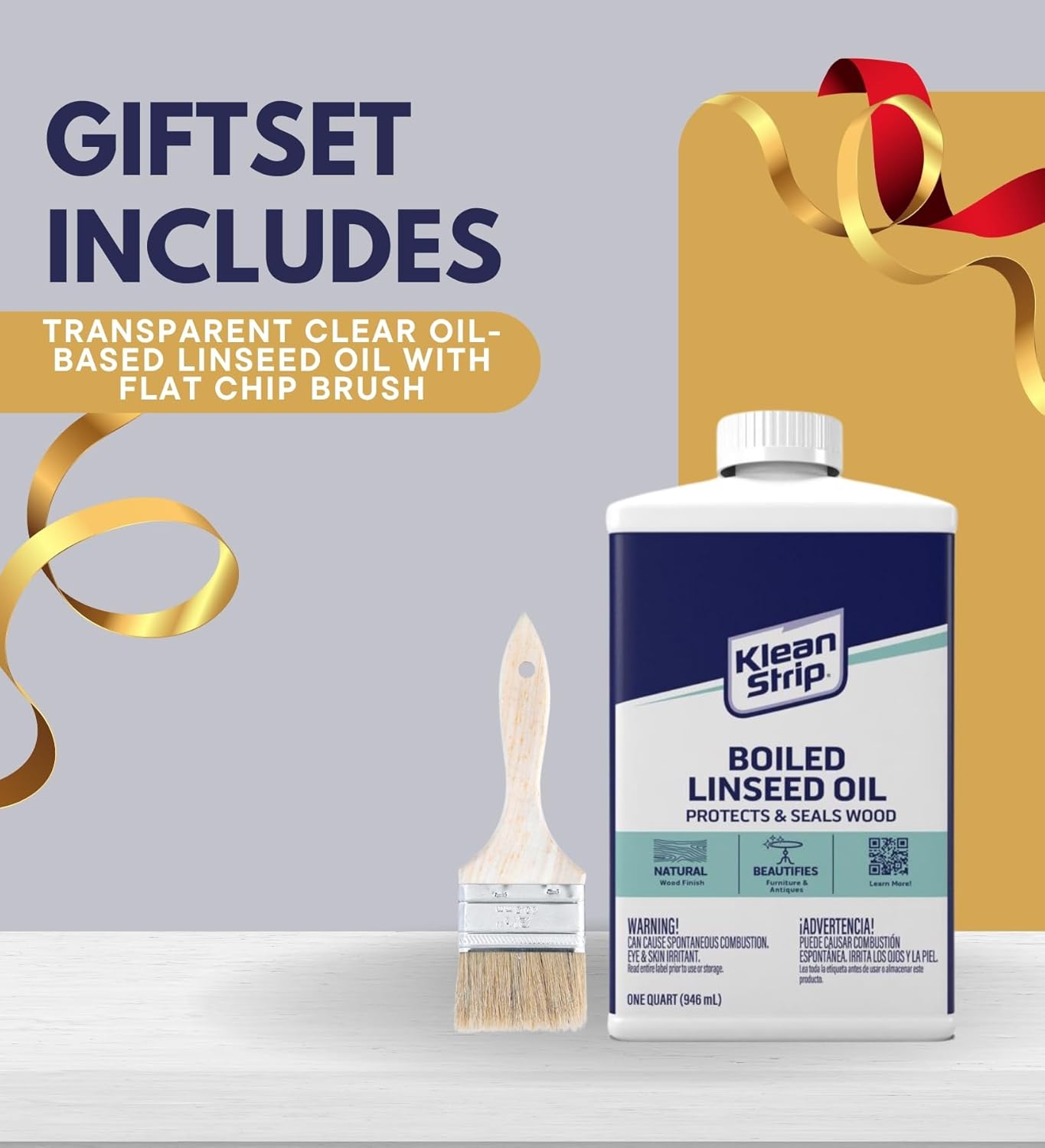 زيت بذر الكتان المغلي من كلين ستريب مع فرشاة طلاء - مخفف للدهانات الزيتية - زيت بذر الكتان للخشب والطلاء - يزيد من مقاومة الماء والخدش والالتواء - زيت الخشب للأثاث 