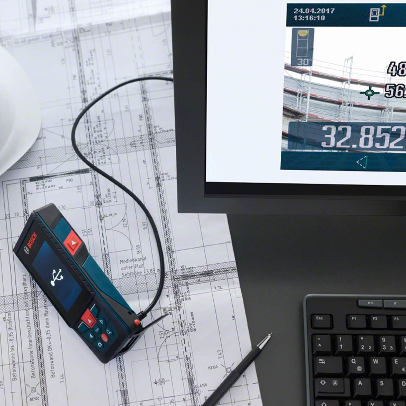 Bosch Professional Laser Measure Glm 50-27 C (Range: Up To 50M, Robust, Ip65, Data Transfer Via Bluetooth, 2X Aa Batteries, Hand Strap, Pouch)