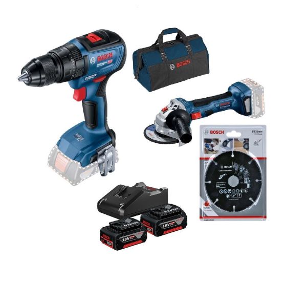 Bosch Cordless Carpentary Kit GSB18v-50 + Gws180 Grinder + Multi Wheel + 2x4Ah Battery + Charger + Tool Bag