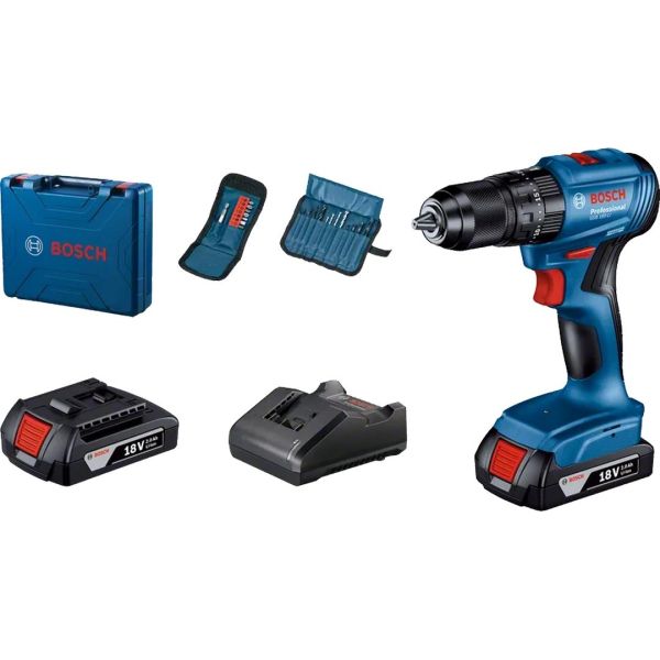 Bosch Impact Drill GSB 185-LI 2x2Ah Batteries & Charger + 23 pcs ACC set + GLI 18V-300LI Light