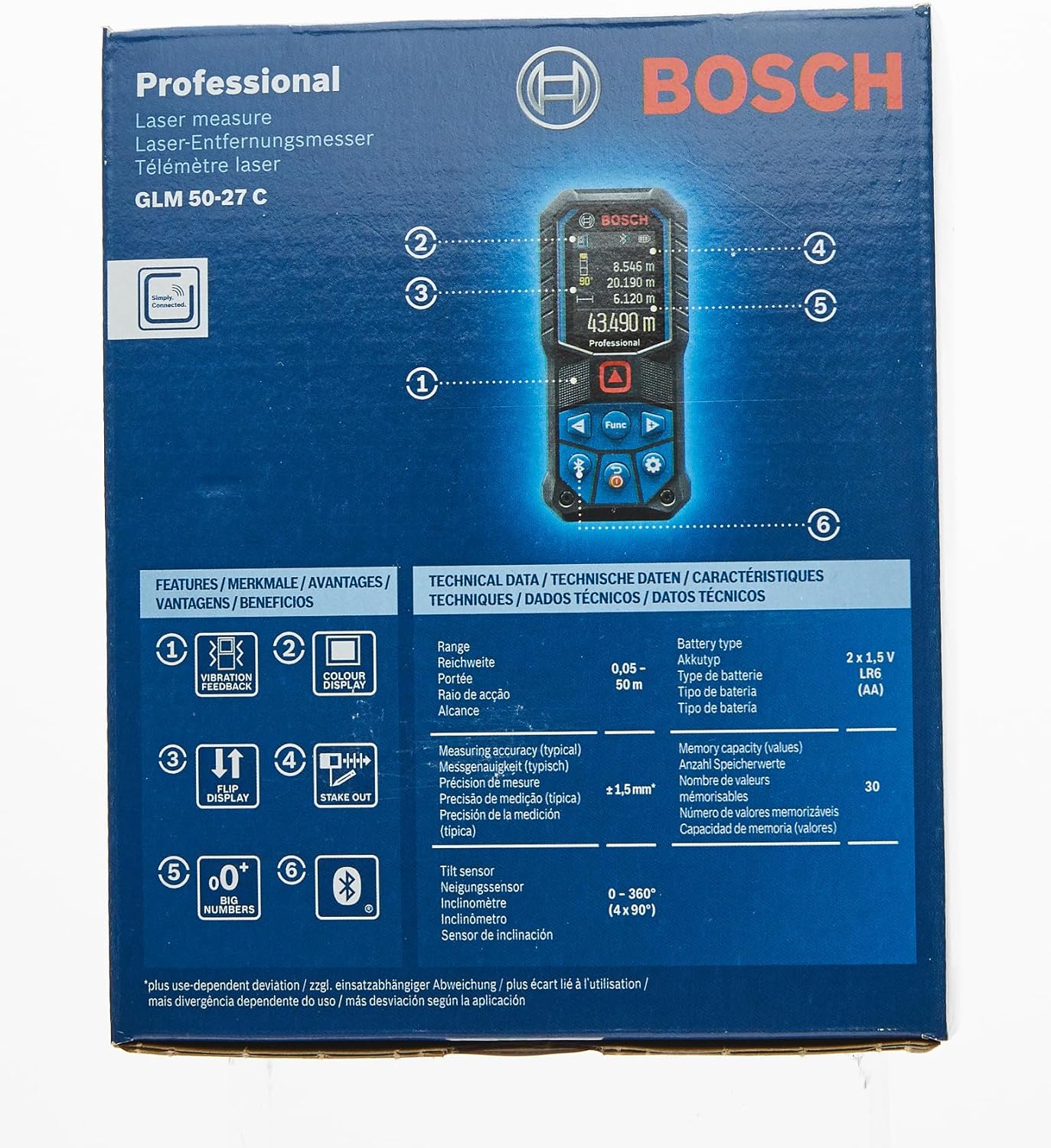 Bosch Professional Laser Measure Glm 50-27 C (Range: Up To 50M, Robust, Ip65, Data Transfer Via Bluetooth, 2X Aa Batteries, Hand Strap, Pouch)