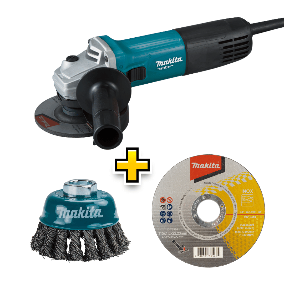 Makita MT Angle Grinder 115MM 850W + Cut-off Wheel + Wire Cup Brush