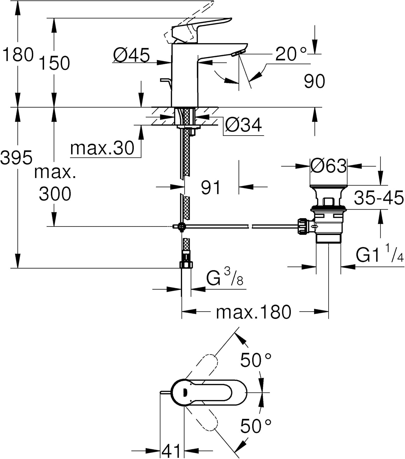 Grohe Bauedge Ohm Basin S, Chrome, 2332800F, 1