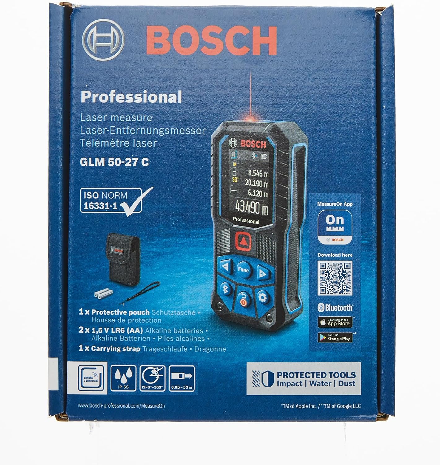 Bosch Professional Laser Measure Glm 50-27 C (Range: Up To 50M, Robust, Ip65, Data Transfer Via Bluetooth, 2X Aa Batteries, Hand Strap, Pouch)
