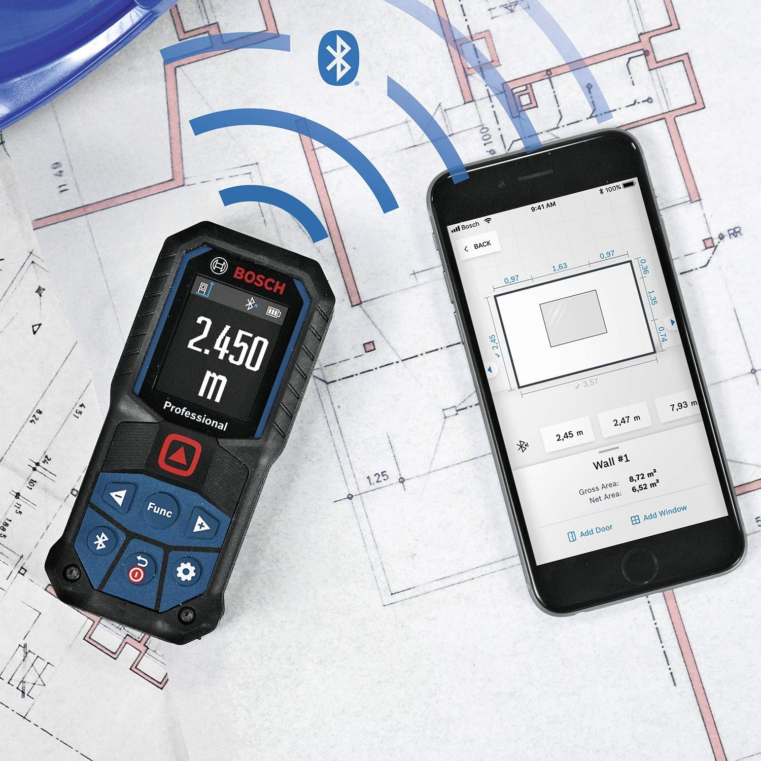 Bosch Professional Laser Measure Glm 50-27 C (Range: Up To 50M, Robust, Ip65, Data Transfer Via Bluetooth, 2X Aa Batteries, Hand Strap, Pouch)