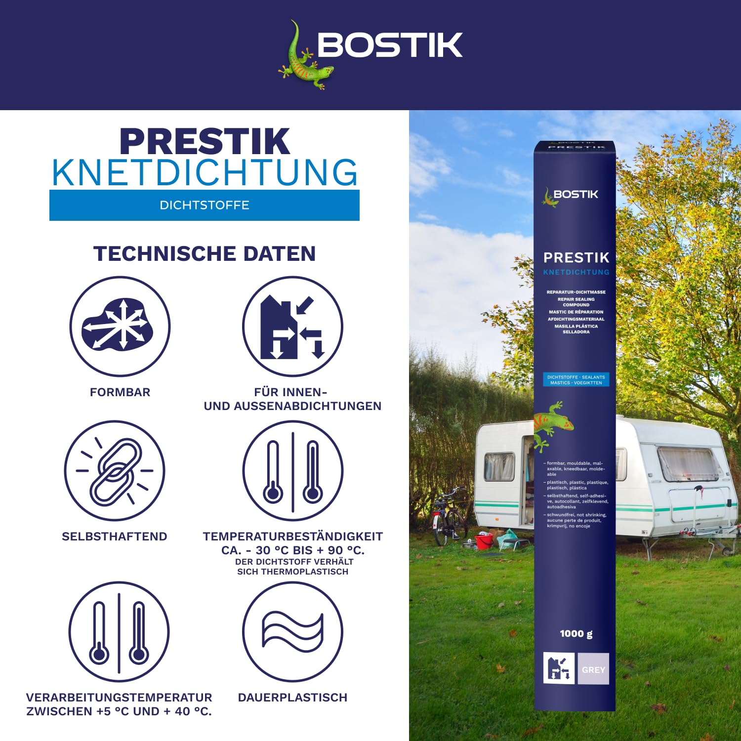 BOSTIK Prestik Kneading Seal, Grey, Permanent Plastic Kneading Sealant, Solvent-Free, Shrink-Free, Excellent Ageing Resistance, for Indoor and Outdoor Use, 1 kg