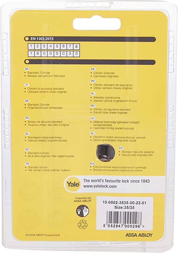 Yale 500 series Double Euro Cylinder 70mm 10-0502-3535-00-22 Satin Nickle