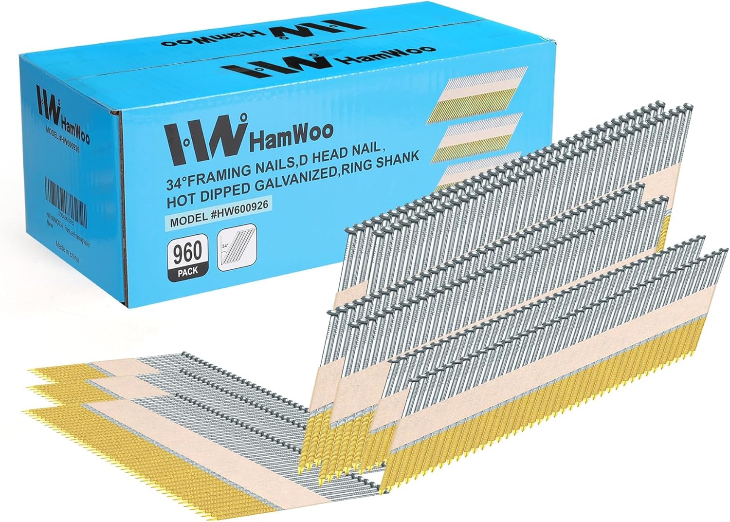 HW HAMWOO 34°Framing Nails,D Head Nail Pack,960-Pack (2"- 240Pcs,2-1/2"- 240Pcs,3"- 240Pcs, 3-1/2"- 240Pcs),Hot Dipped Galvanized Paper Tape Strip Nails,Ring Shank,for 30 to 34 Degree Framing Nailer