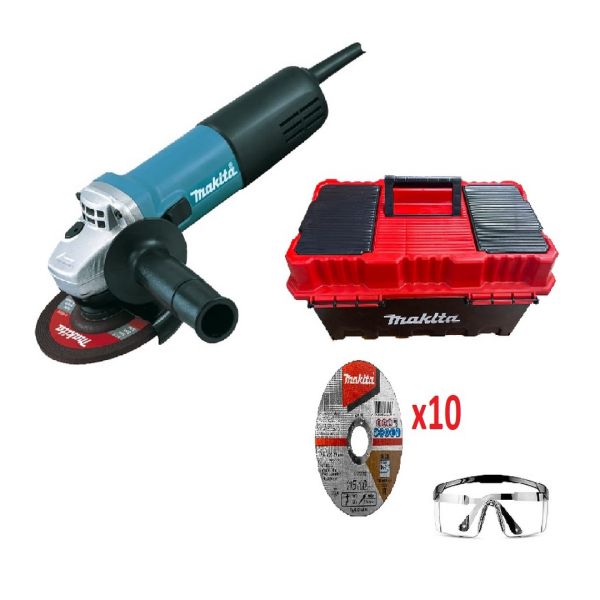 Amoladora angular Makita de 115mm (4-1/2") 840W 9557HNG +10 discos de corte finos E-03034 + gafas + caja de herramientas