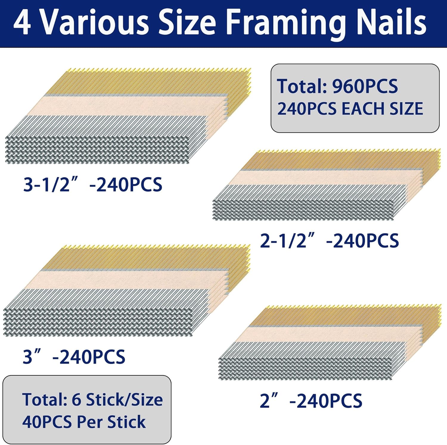 HW HAMWOO 34°Framing Nails,D Head Nail Pack,960-Pack (2"- 240Pcs,2-1/2"- 240Pcs,3"- 240Pcs, 3-1/2"- 240Pcs),Hot Dipped Galvanized Paper Tape Strip Nails,Ring Shank,for 30 to 34 Degree Framing Nailer