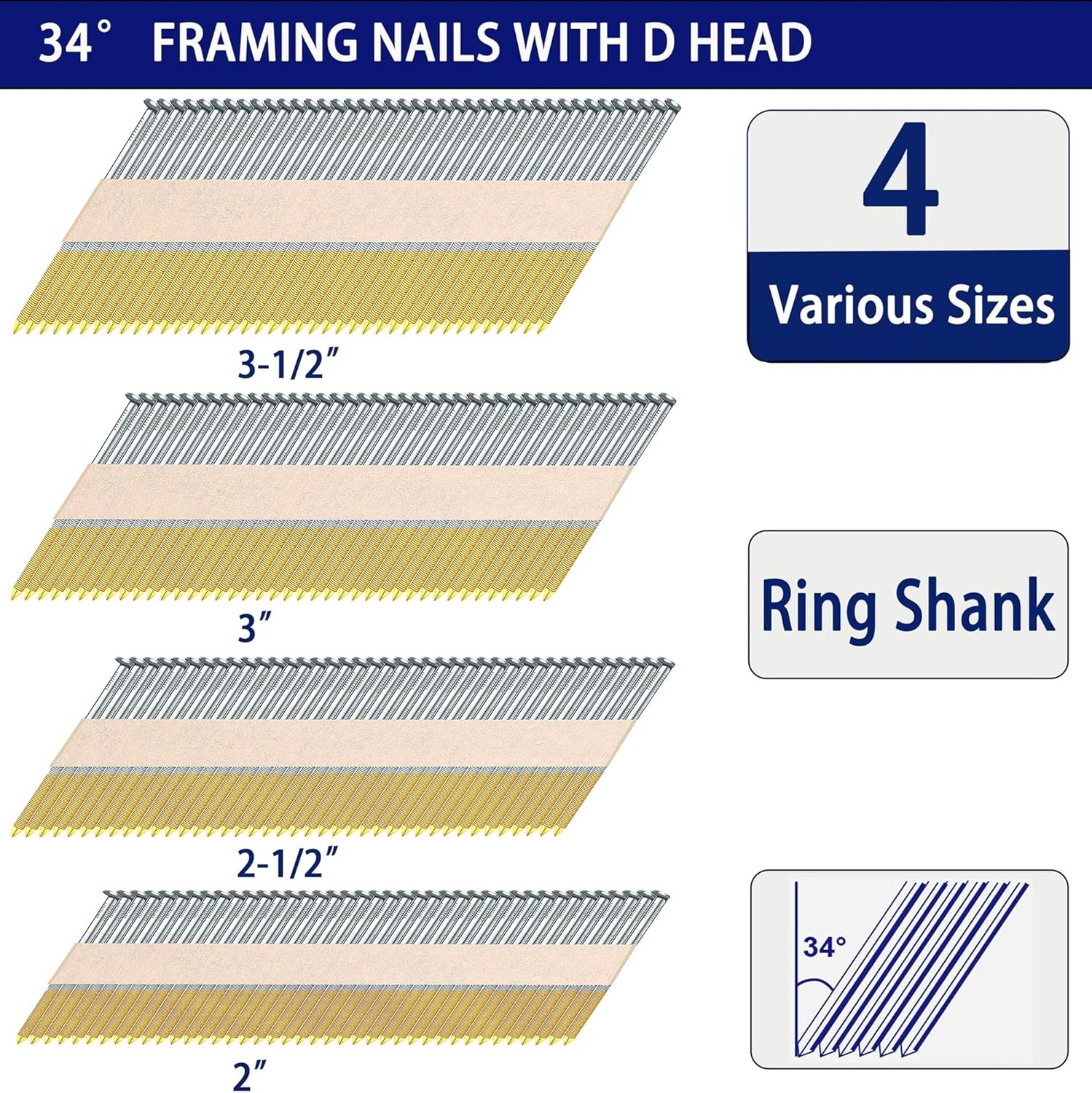 HW HAMWOO 34°Framing Nails,D Head Nail Pack,960-Pack (2"- 240Pcs,2-1/2"- 240Pcs,3"- 240Pcs, 3-1/2"- 240Pcs),Hot Dipped Galvanized Paper Tape Strip Nails,Ring Shank,for 30 to 34 Degree Framing Nailer