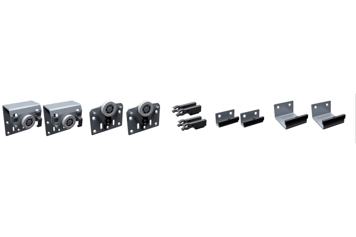 OVERLINE set: 2 external trolleys, 2 internal trolleys, 2 positioners, 2 lower slides of external door, 2 lower slides of internal door.