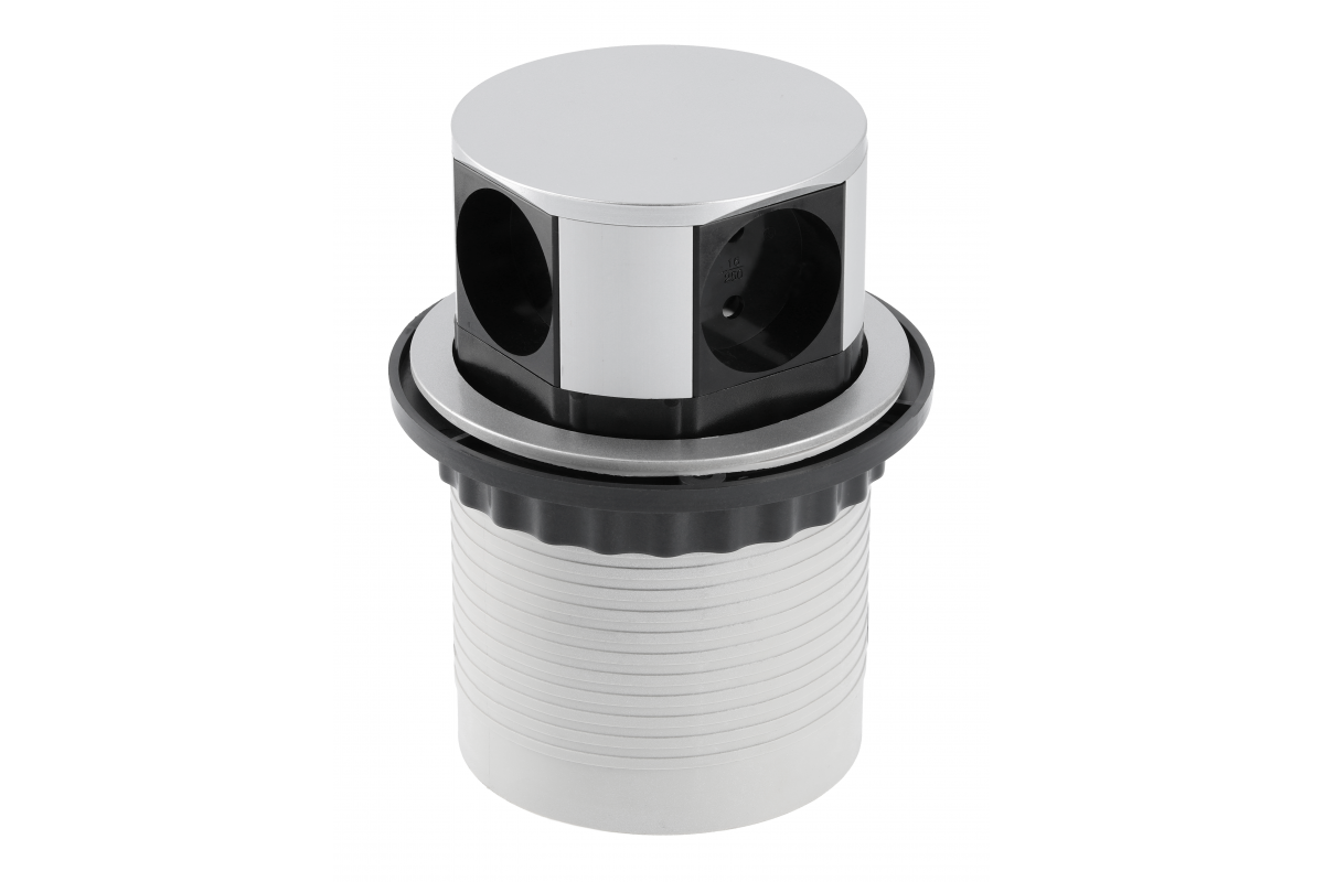 RECESSED desk extension cable COMFORT 100mm, 4x schuko socket, alu, cable 1,5m