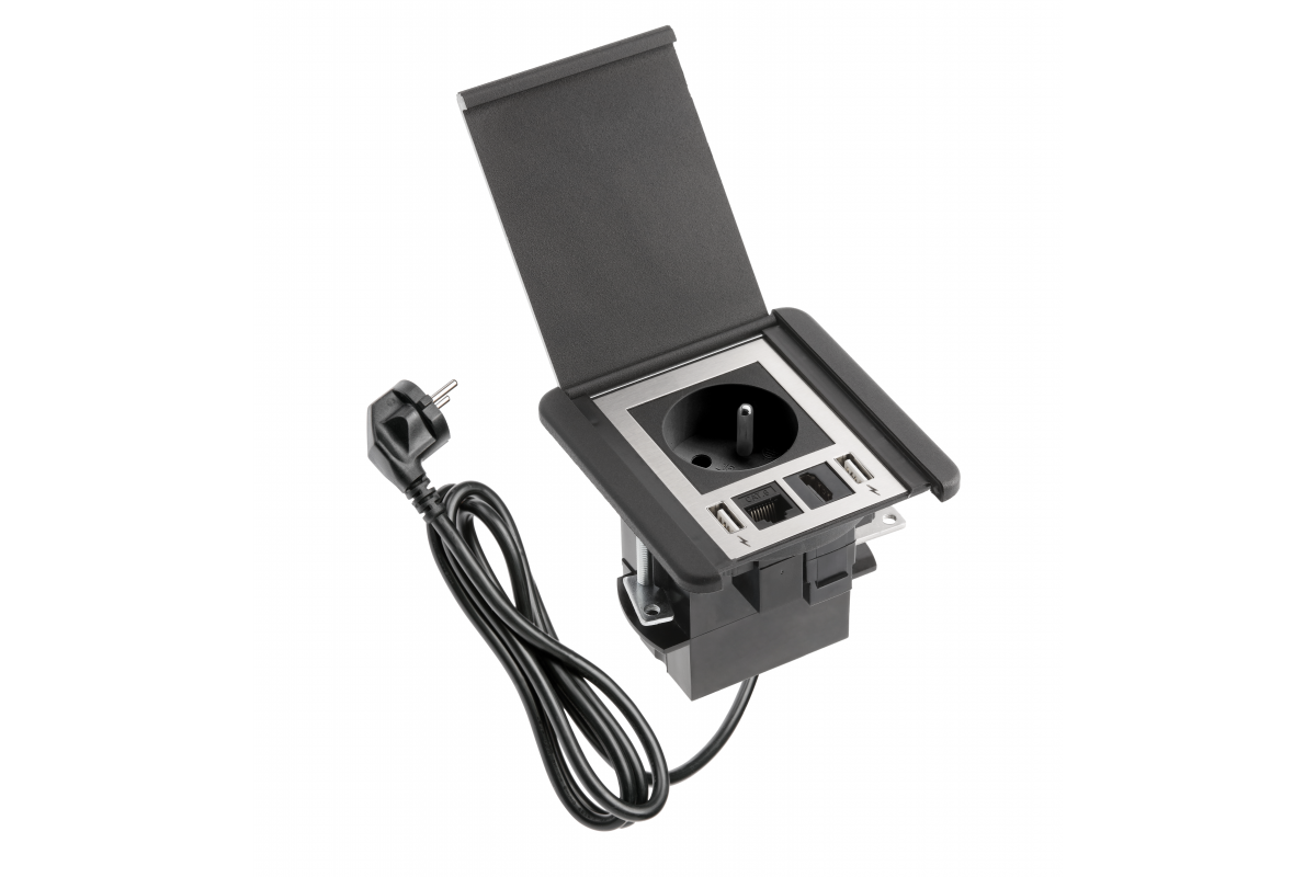 Furniture socket with Flip shutter, 1x French socket, 2xUSB A 1xRJ45, cable 1.5m, black